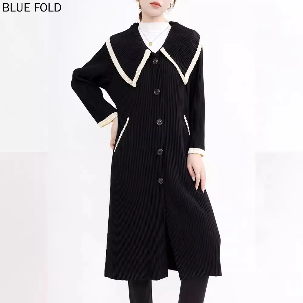 MIYAKE Women's Trench Coat Spring and Autumn High-end Fashion Navy Collar Single-breasted Mid-length Lace-up Outer Wear Cape