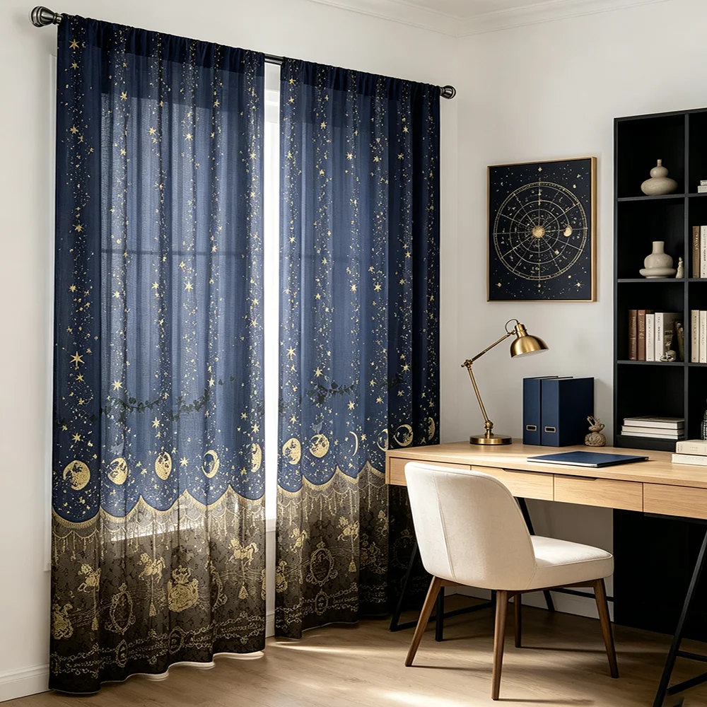 2PCS Digital Print Sheer Curtains Dark Blue Moon Star Lace Pattern A&B Sheer Fabric Living Room Window Curtains - view 4