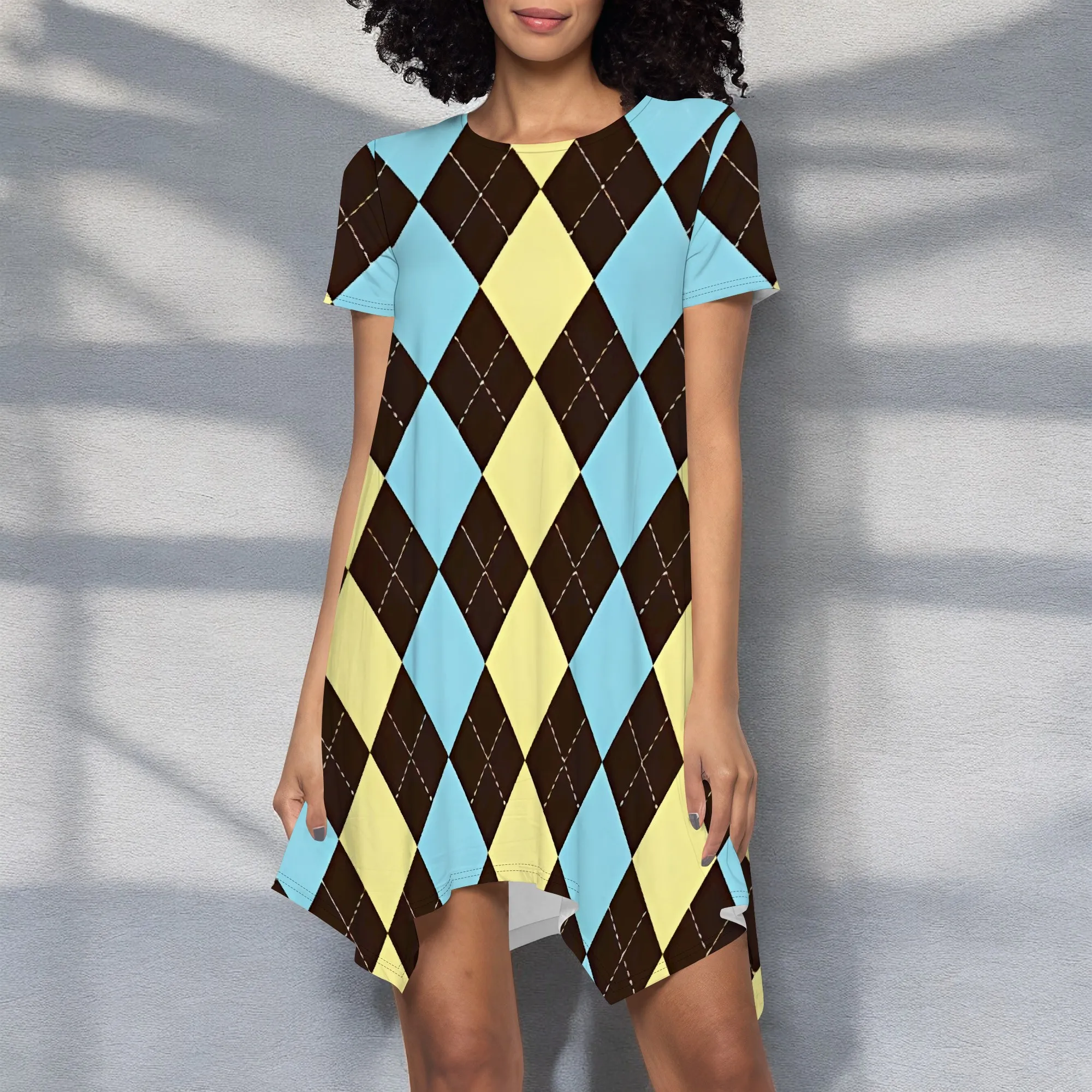 

Women's Diamond Grid Print Short Sleeve Round Neck Mini Dress Comfortable Stylish Casual Daily Wear