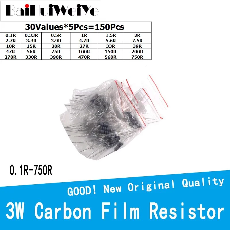 

150PCS/LOTE 3W 5% Carbon Film Resistanc Kit 30Values*5Pcs 0.1R To 750R ohm Resistanc Set 0.3R 0.5R 1R 1.5R 2R 2.7R 3.3R 3.9R 5.6