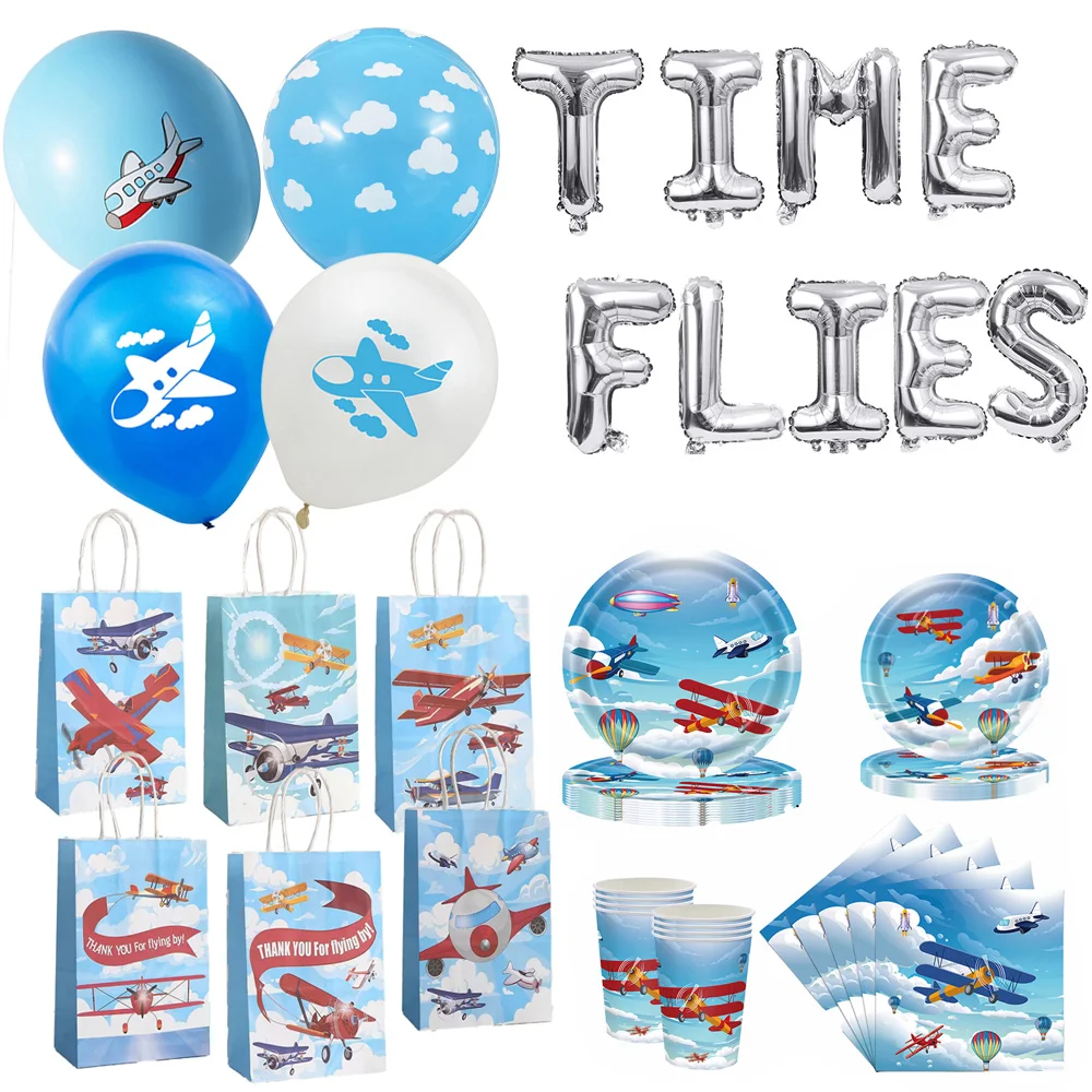 Airplane Birthday Party Favors Tableware Airplane Paper Goodie Bags Candy Gift Bags Time Flies Balloon Airplane Themed Supplies