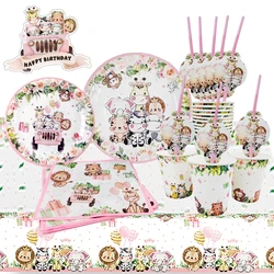 Pink Jungle Safari Birthday Decorations Animal Disposable Tableware Forest Woodland Baby Shower for Girl Birthday Party Supplies