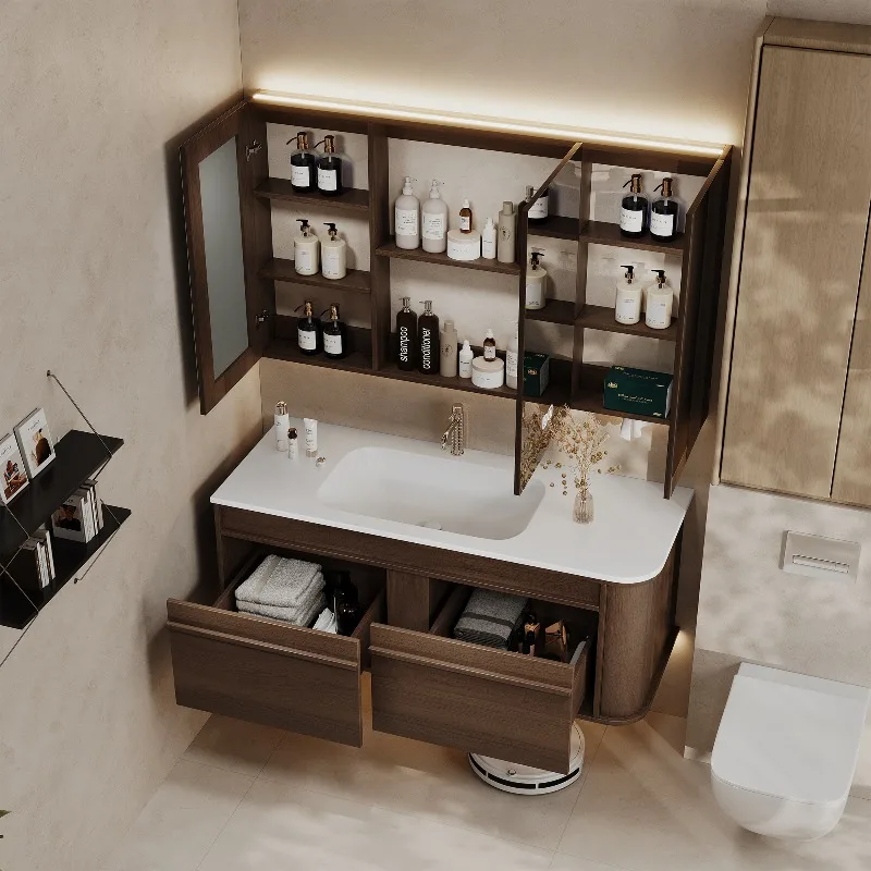 Modern Warm Wood Bathroom Vanity With A Custom Backlit LED Mirror Cabinet And White Stone Counter Top, Integrated Basin Floating