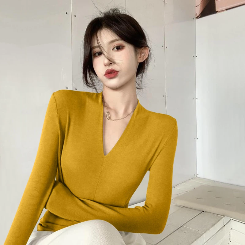 Senhoras longo sve v-ne veludo camiseta camada base quente simples sle commute faion inverno nova chegada interior wear topo