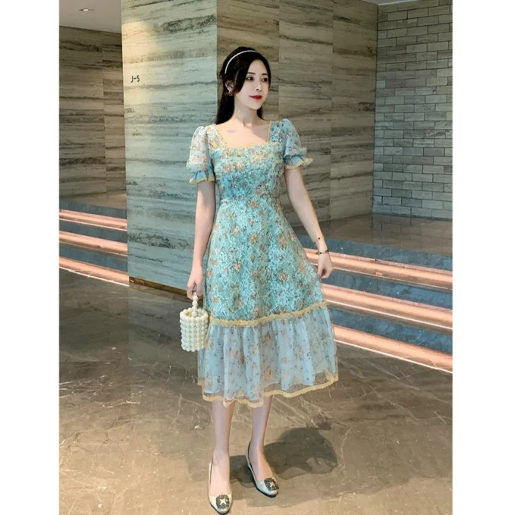 Vestido de hadas e de estilo princesa, vestido de encaje de manga corta con cuello cuad y estampado Floral, noveda...