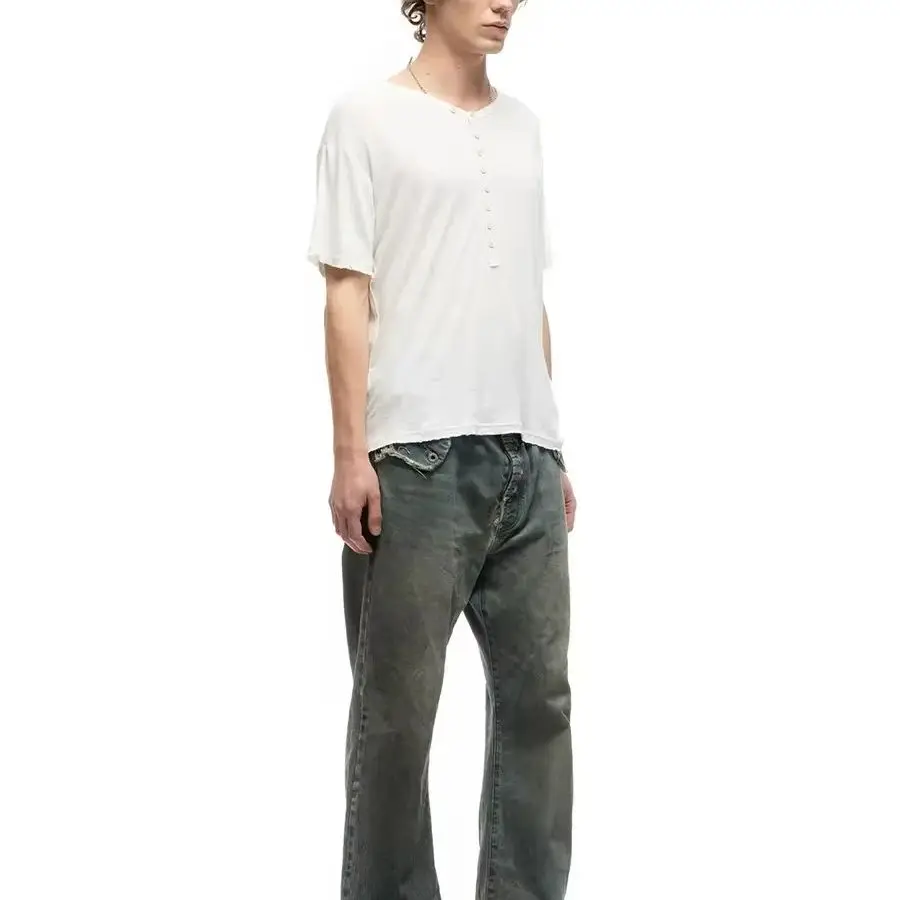No faith studios Henry Collar Button Base Short Sleeve, Edged Bamboo Textured Snow T-Shirt