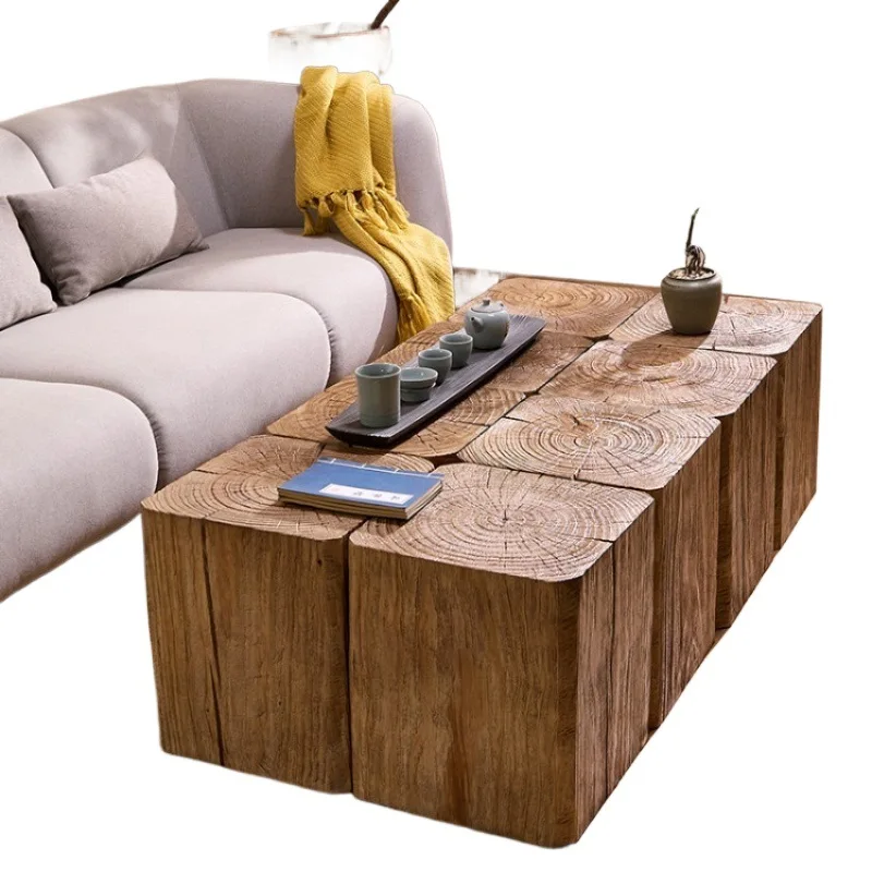 

B & B Wooden Dunzi Hotel Stump Base Ornament Retro Solid Wood Entrance Living Room Combination Coffee Table Stump Flower Stand