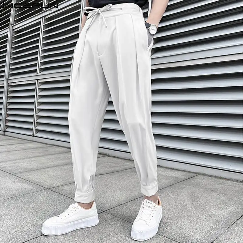 2023 Fashion Men Pants Solid Color Lace Up Pleated Joggers Casual Trousers Men Loose Streetwear Leisure Long Pants S-5XL INCERUN