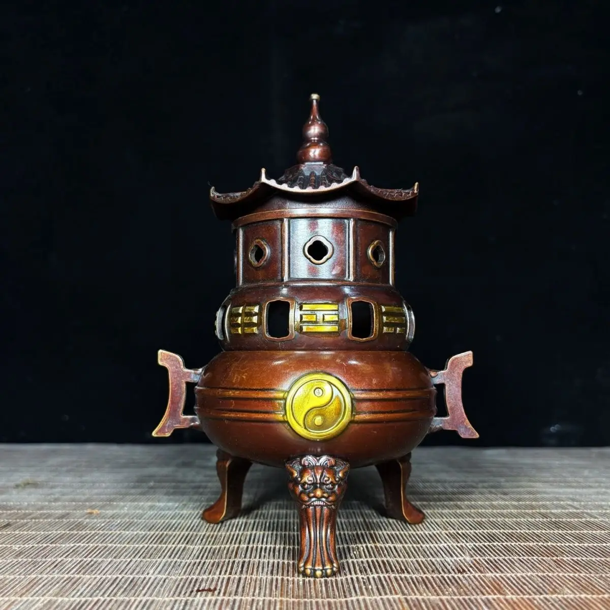 Gilt Pure Copper Pagoda Censer with Halberd Ears, Taiji & Bagua Patterns, Alchemy Furnace Style