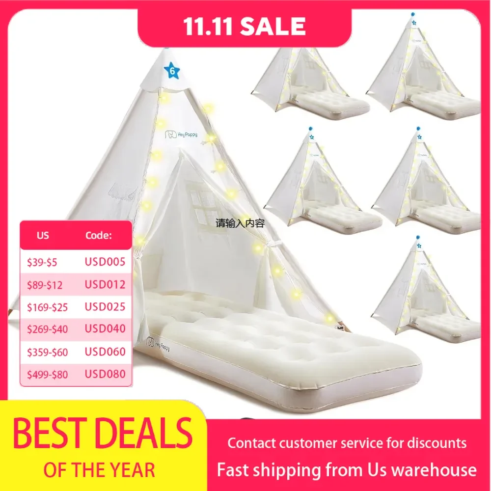 Playhouse.6Pack Teepee Tent for Kids with Inflatable Airbed Light Toddler Tent Children Room Tent, Slumber Party Sleepover Tents