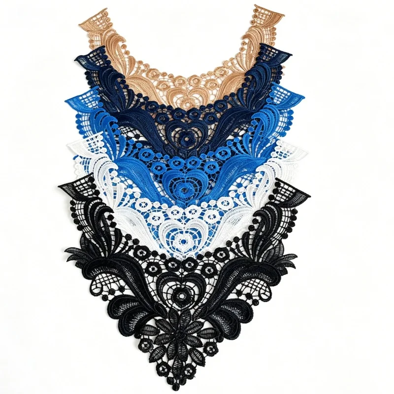 5 pieces of fashionable lace necklines in various colors. Beautiful handmade lace imitation collars as accessories for clothing.