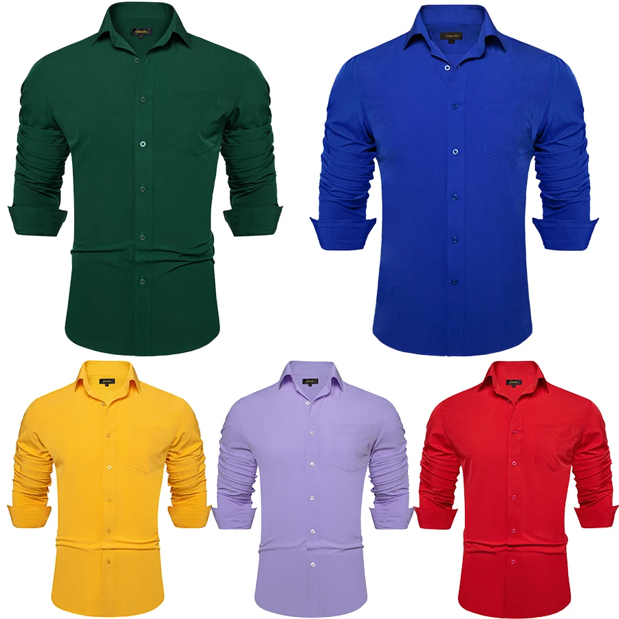 Solid Men Shirts Long Sleeve Cotton Polyester Blue Green Yellow Classic Basic Casual Slim Business Office Shirts Clothes