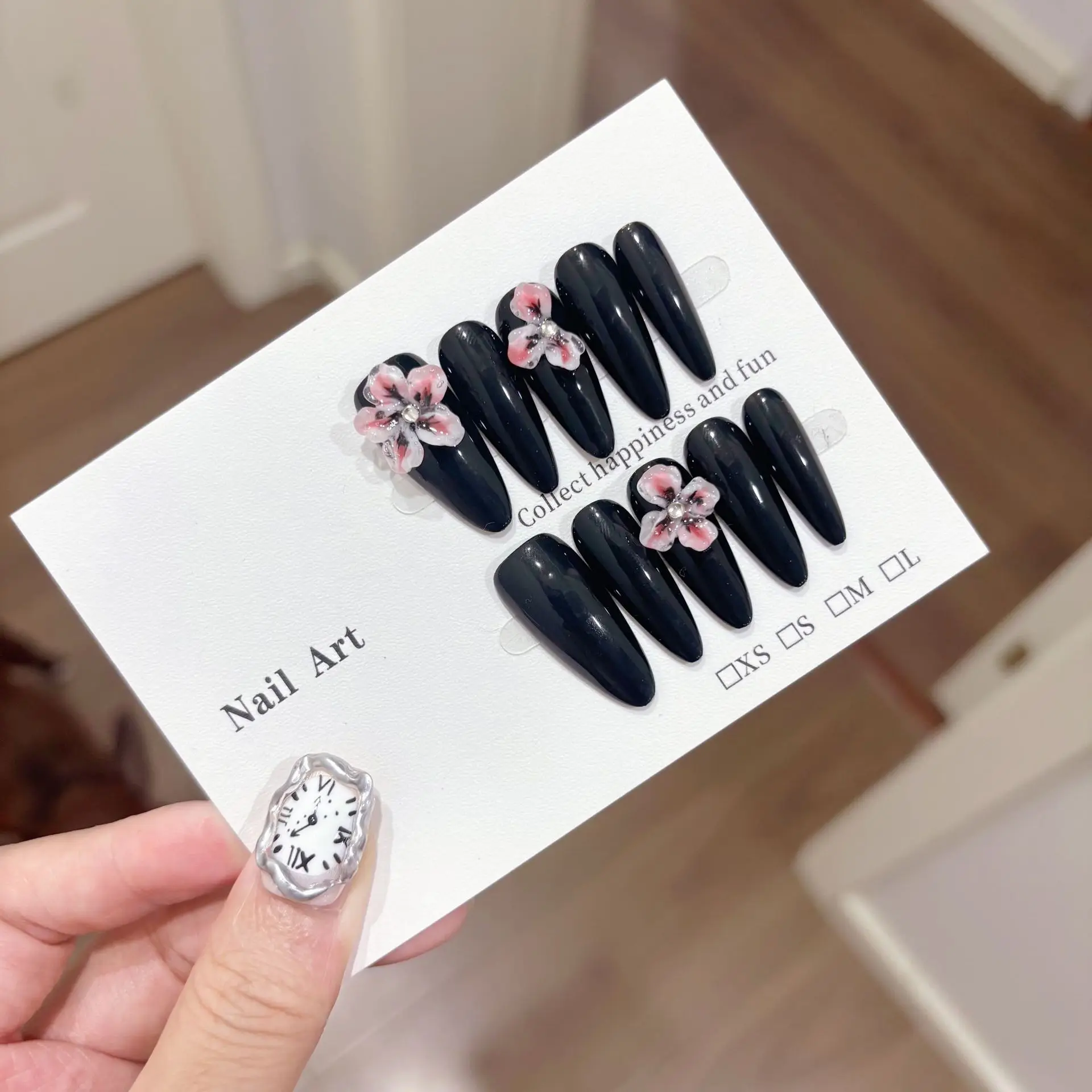 10 stuks handgemaakte lange druk op nagels zwart effen kleur 3D snijwerk bloemen decor zoete coole nepnagels draagbare nail art spice girl