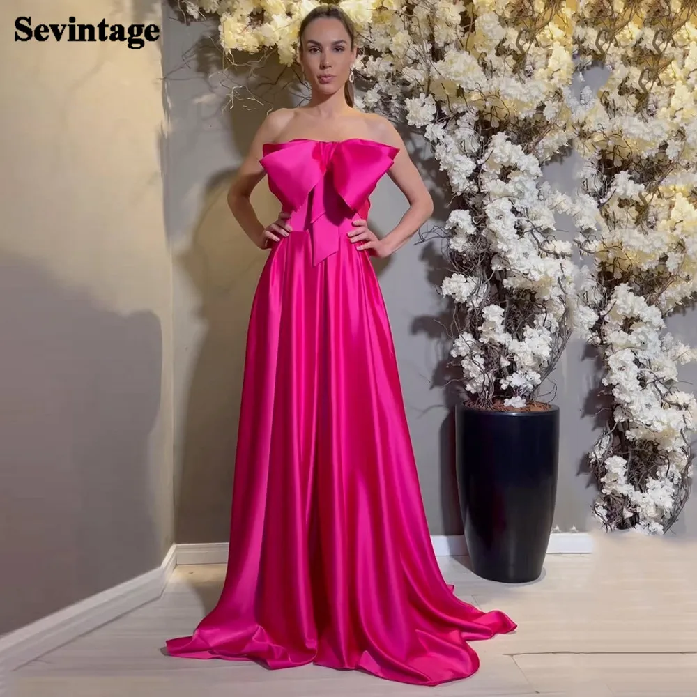 

Sevintage Fuchsia Satin Evening Party Dresses Women ALine Strapless Bow Long Prom Gowns Sweep Train Formal Pageant Wedding Dress