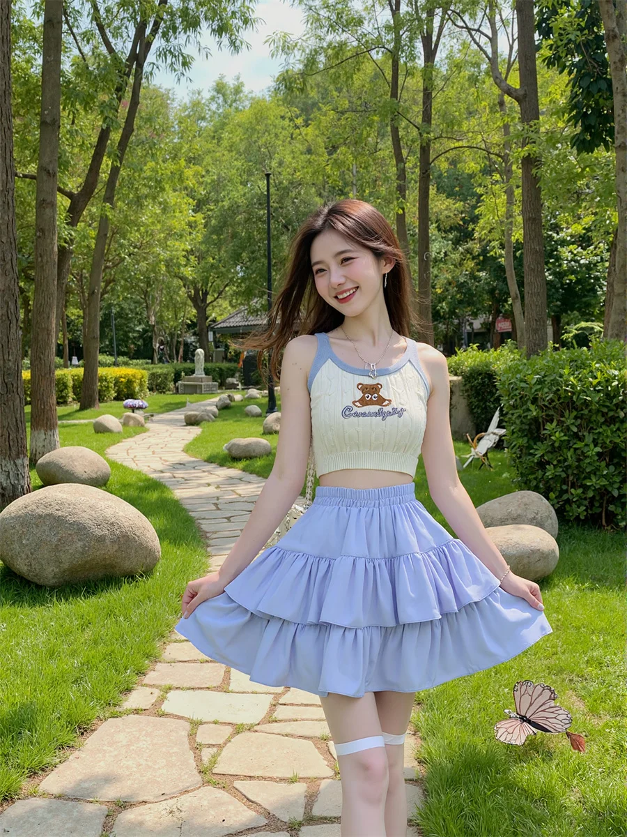 Minifaldas con volantes para mujer, faldas de algodón con retales, malla plisada con volantes, cintura en capas, versátiles, cómodas, básicas femeninas dulces