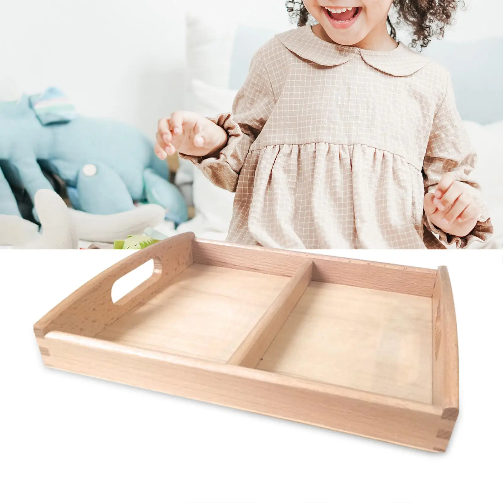 Montessori Wooden Sorting Tray 2 Sections with Handles Toys Holder Sand Box for