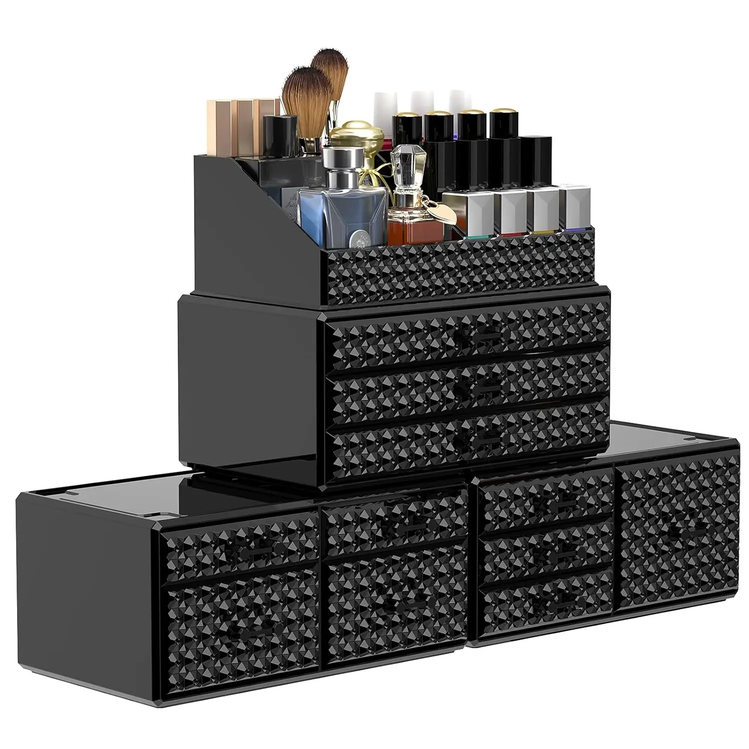 

4 Pack Stackable Makeup Organizer[Upgraded],Acrylic Cosmetics Storage Cases with 11 Drawers Perfume Organizers