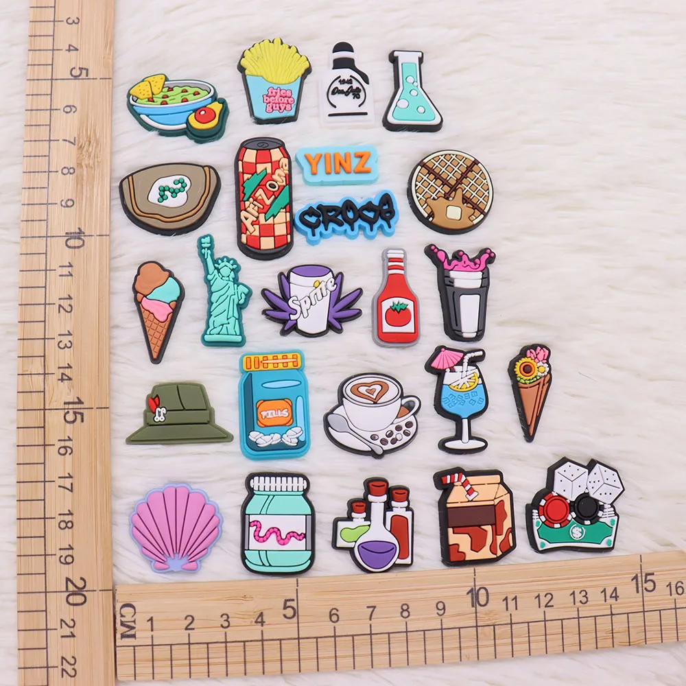 Single Sale 1PCS PVC Shoe Charms Pills Coffee Drink Ketchup Ice Cream Chips Money Milk Freedom Flower Sandals Shoes Decoration