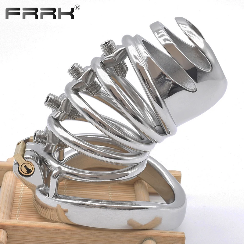 FRRK Spiked Male Chastity Cage Bolted Cock Lock Erect Denial Penis Rings BDSM Adults Sex Toys  Kinky Intimate Products