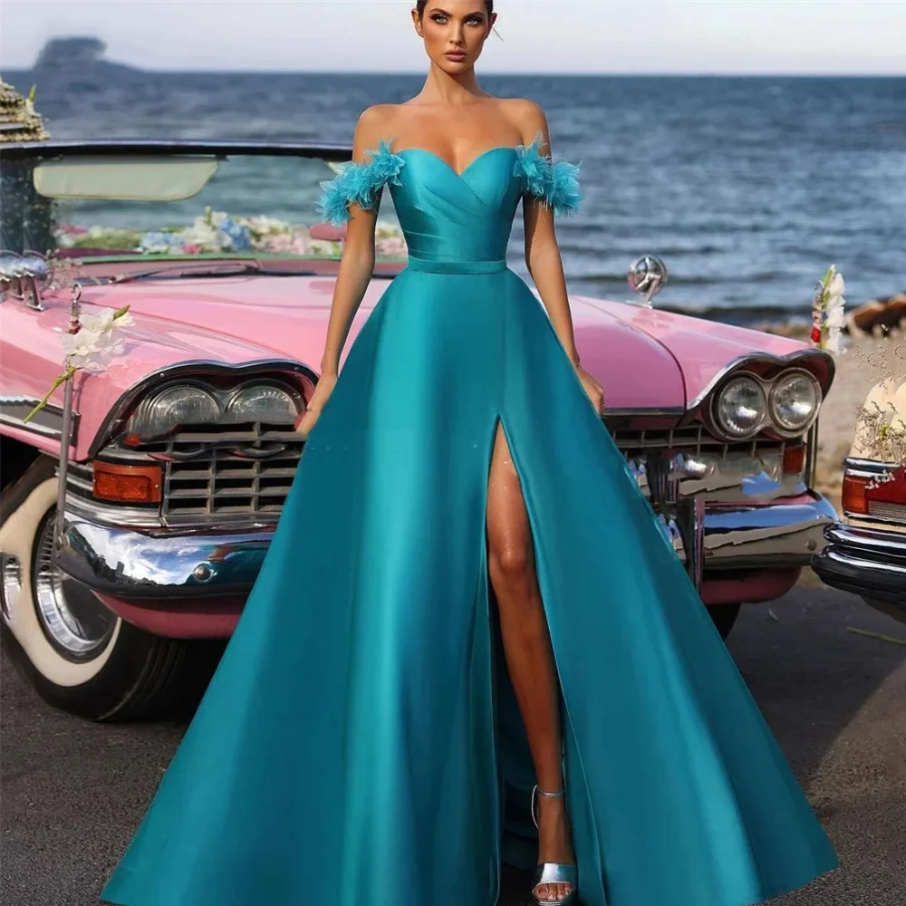 

Classy Long Blue Off the Shoulder Satin Evening Dresses with 3D Flowers A Line Slit Floor Length فساتين سهرات