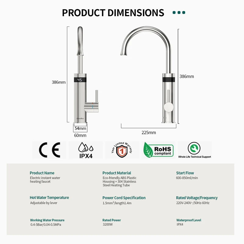 Briwellna-grifo de agua caliente instantáneo, grifo eléctrico gris de bronce para cocina, calentador de flujo de 220V, calentador de agua eléctrico