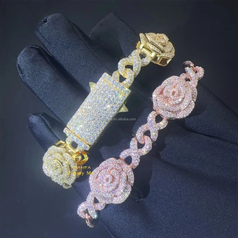 

Bulk Stock New Design 16mm S925 Silver HipHop Jewelry Iced Out Moissanite Diamond Rose Flower Miami Cuban Link Bracelet