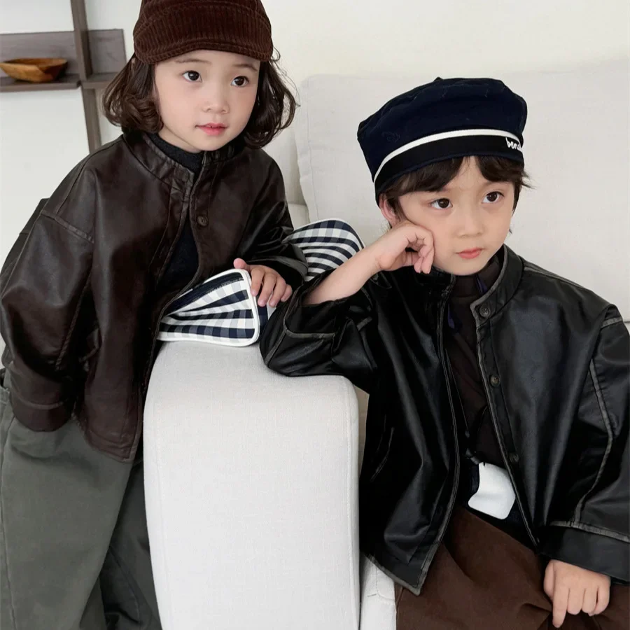 Children Clothes 2026 Autumn Winter New Boy's Leather Coat Cool Boy's Rubbing Leather Jacket Girl's Motorcycle Coat