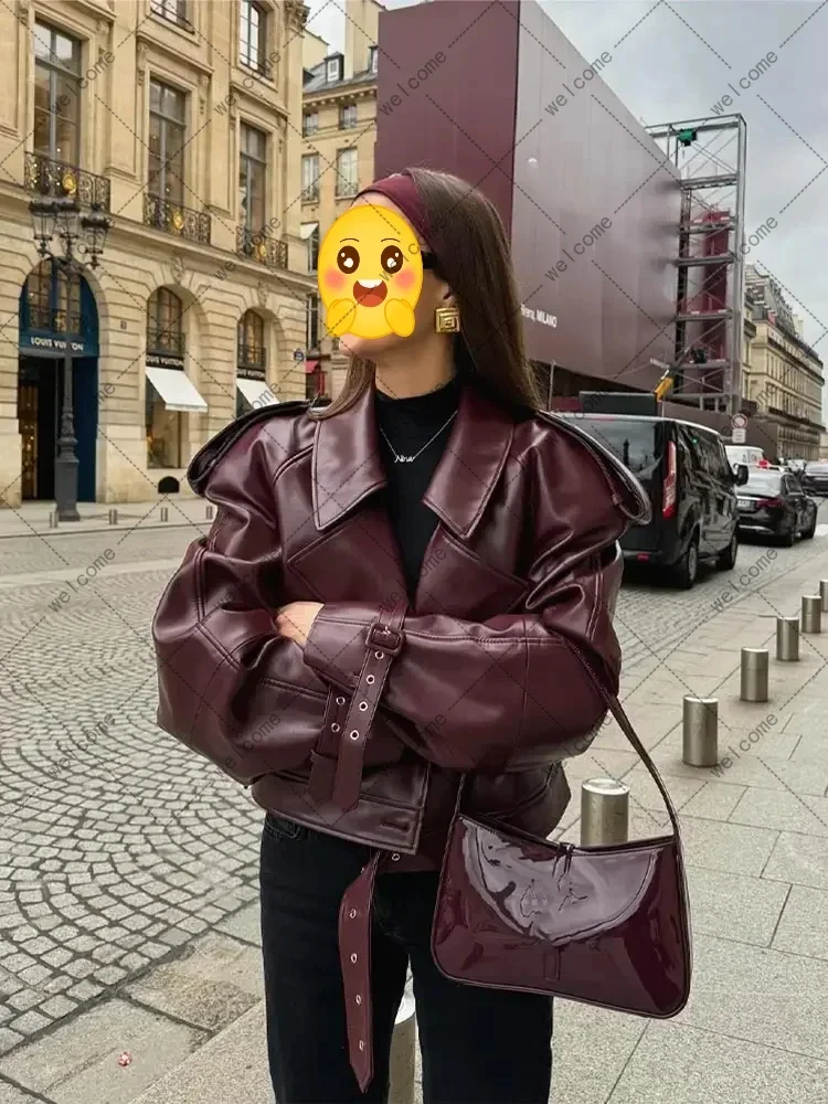 Chaqueta de cuero de manga larga con solapa para mujer, abrigo corto ajustado de color rojo, ropa de calle para fiesta, 2024