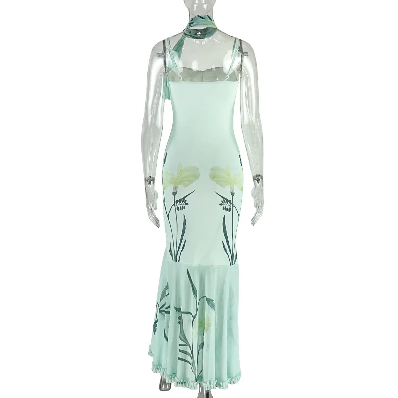 DSMTRC Vintage Luksusowa Damska Sukienka Wieczorowa z Nadrukiem Elegancka Bez Rękawów na Cienkich Ramiączkach Obcisła Sukienka Bodycon z Falbankami i Wycięciami