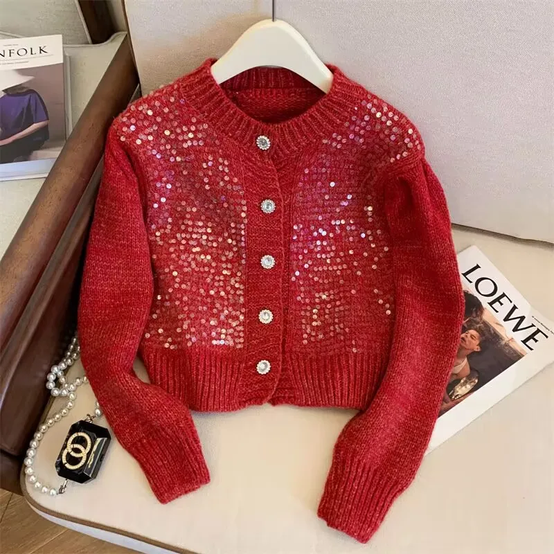 Shiny Knit Cardigan for Women, Long Sleeve, Single Breasted, Short Sweater, Korean Top, Fashion Trend,  Autumn Clothes, 2024