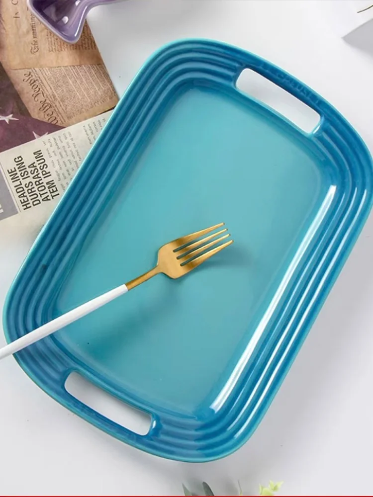 طبق سيراميك LE CREUSET بألوان رائعة، صينية مستطيلة طويلة بمقبضين، طبق عشاء، طبق حلويات، طبق عرض مربع، طبق عشاء غربي