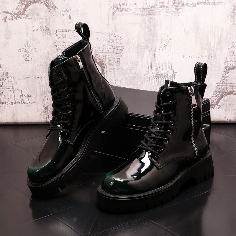 British style mens fashion punk nightclub wear patent leather boots tide platform shoes personality cowboy boot ankle botas mans