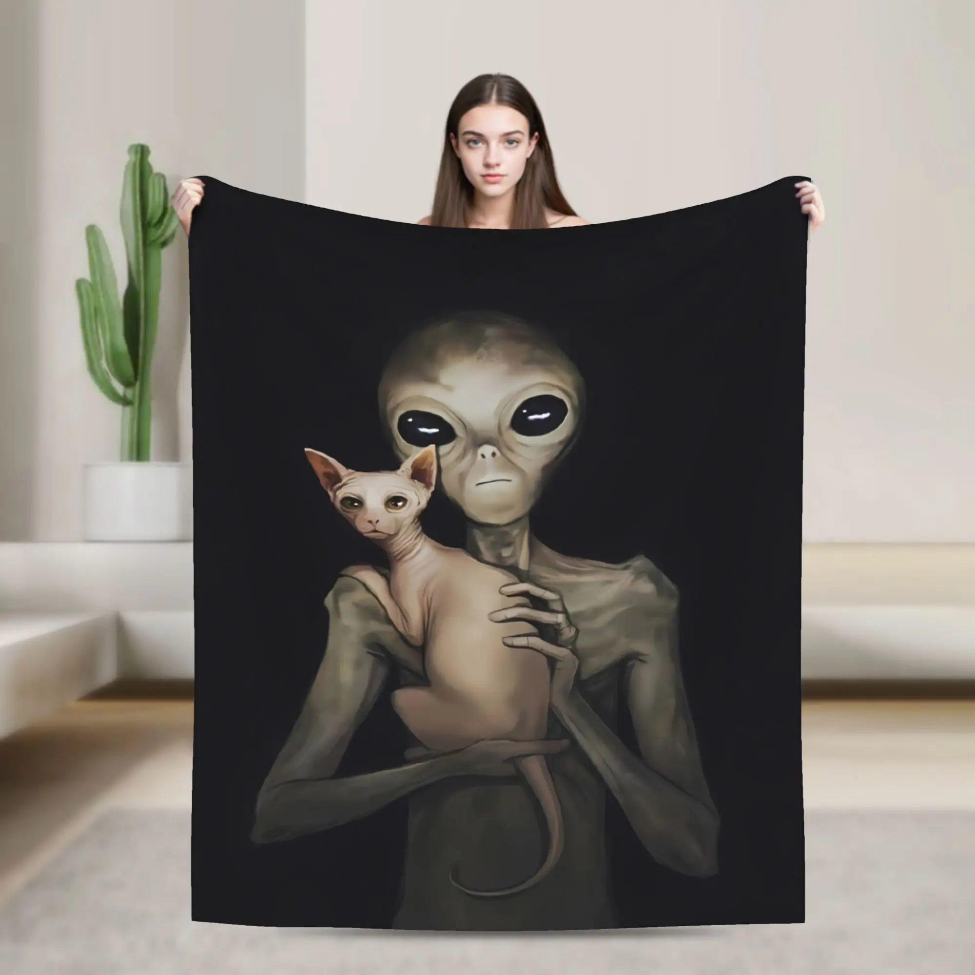 Grey Alien Holding Sphynx Cat Blanket Travel Office Flannel Throw Blanket For Couch Chair Warm Soft Design Quality Bedspread