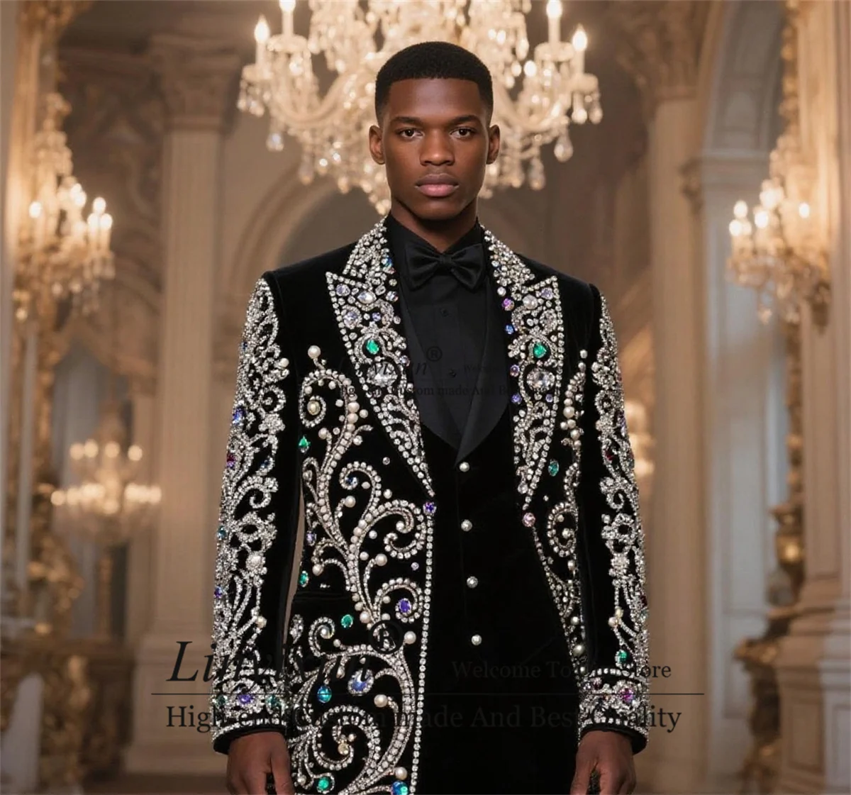

Luxury Ornament Rhinestones Men Suits Customized Slim Fit Wedding Groom Male Blazers 3 Pieces Sets Party Tuxedos Ropa hombre