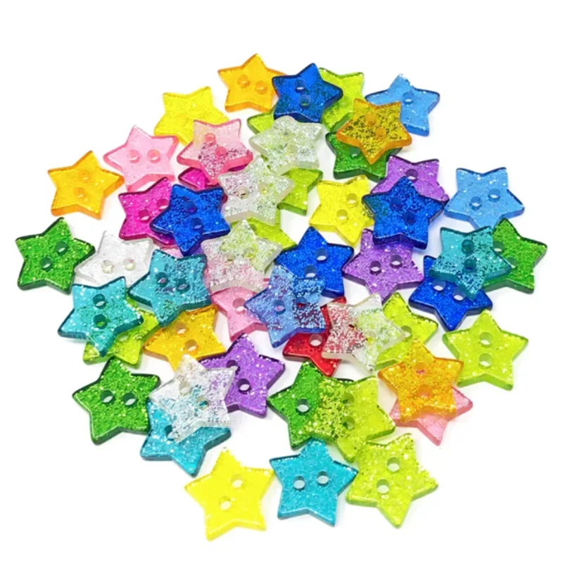 50pcs DIY Resin Heart Star Sparkling Glitter Buttons For Clothing Sewing Scrapbook Cardmaking 2 Holes DIY Crafts Embellishments