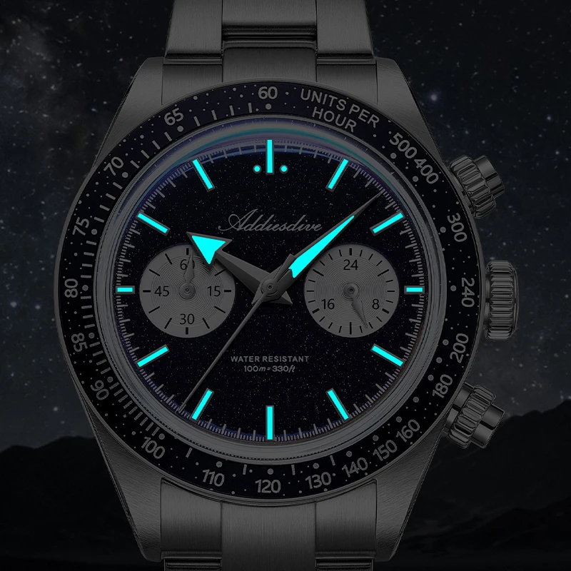ADDIESDIVE Quartz Luxury Wristwatch VK64 Chronograph Watches Men 100M Waterproof Blue Sandstone Dial Bubble Glass Luminous Watch
