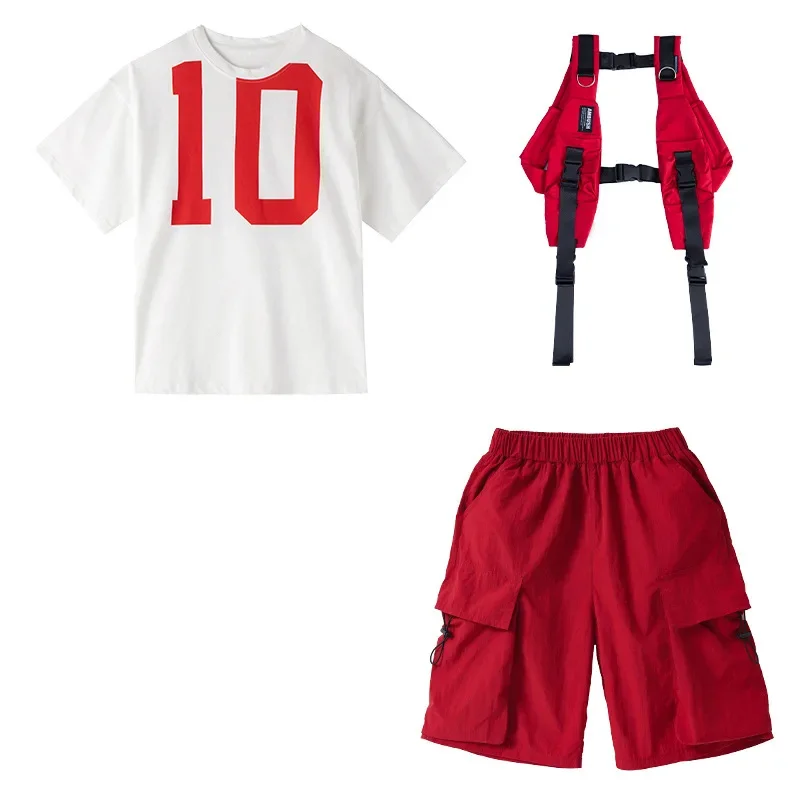 

Kids Street Dance Jazz Show Clothes Boys White T-Shirts Burgundy Vests Shorts Pants Stage Suits Girls Catwalk Clothes