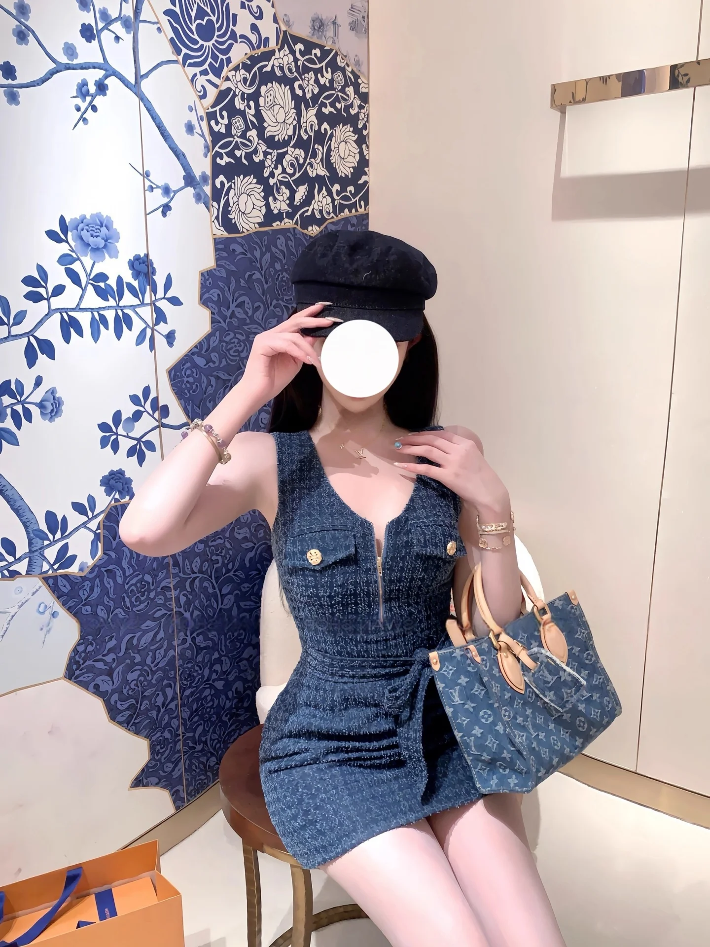 

Blue Denim Sleeveless Dress Women's Summer Slim Fit High Waist Short Skirt French Style A-Line Skirt Polyester Fiber V-Neck