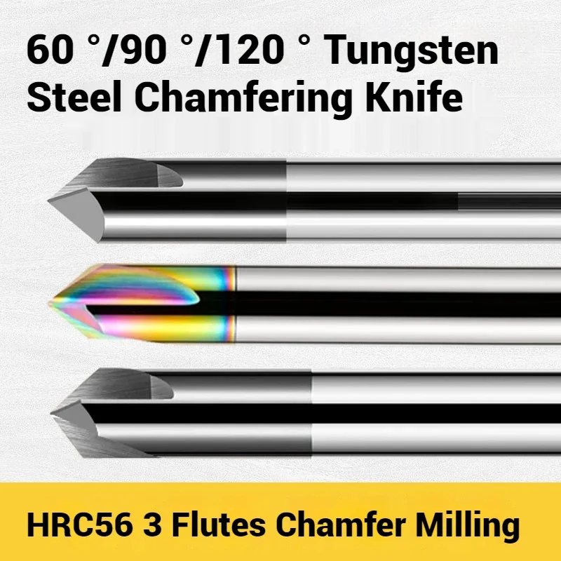 

HRC65 3-Flute Tungsten Steel Carbide 60/90/120 Degrees Chamfer Milling Cutter CNC Router Bit Engraving Endmill Tools