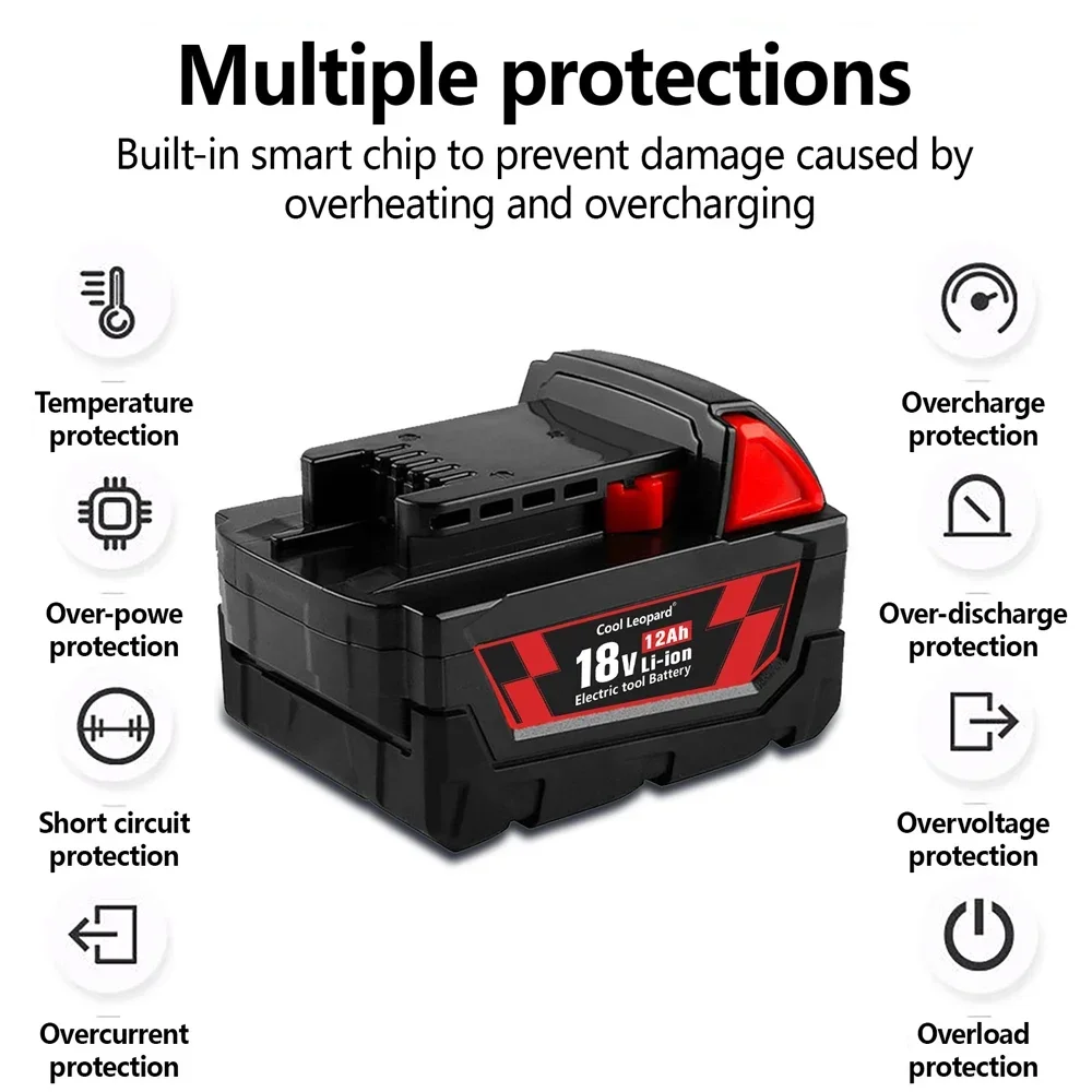 Upgraded 18v 12ah M18 XC Lithium-Ion Replacement Battery For Milwaukee Power Tools 48-11-1815 M18b2 M18b4 M18b5 M18b M18b9 M18bx