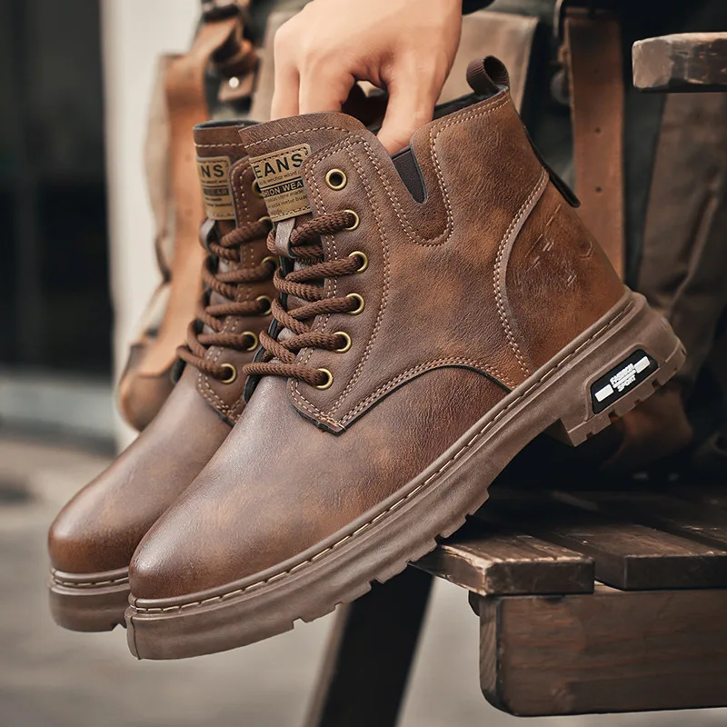 Retro Brown Motorcycle Boots Man Large Size 47 Platform Men's Outdoor Boots Comfortable Leather Men Work Boots Botas Masculino