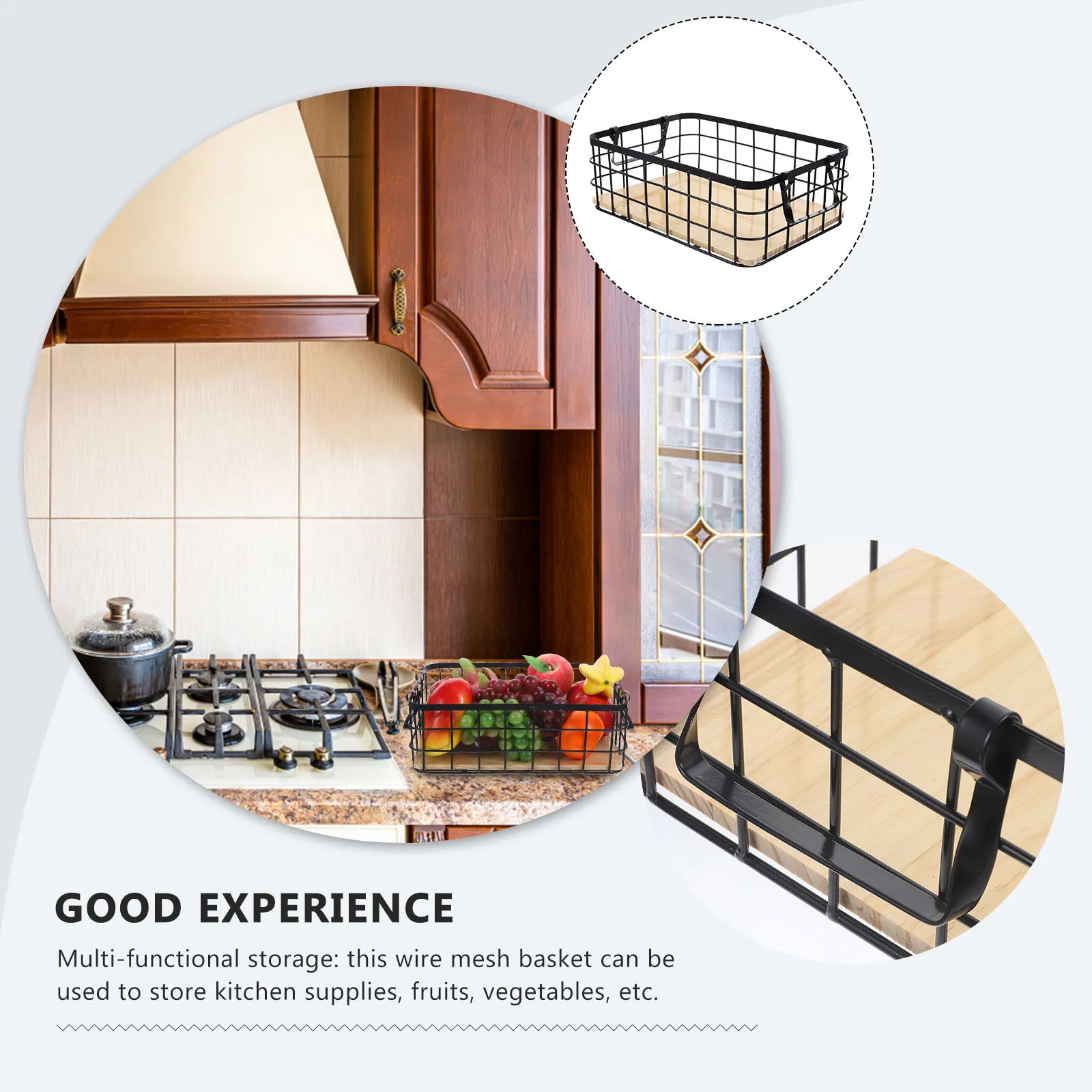 

Wire Mesh Basket Metal Iron Wooden Handle Storage Organizer Fruit Kitchen Desktop Decorative Basket Bathroom Organizer