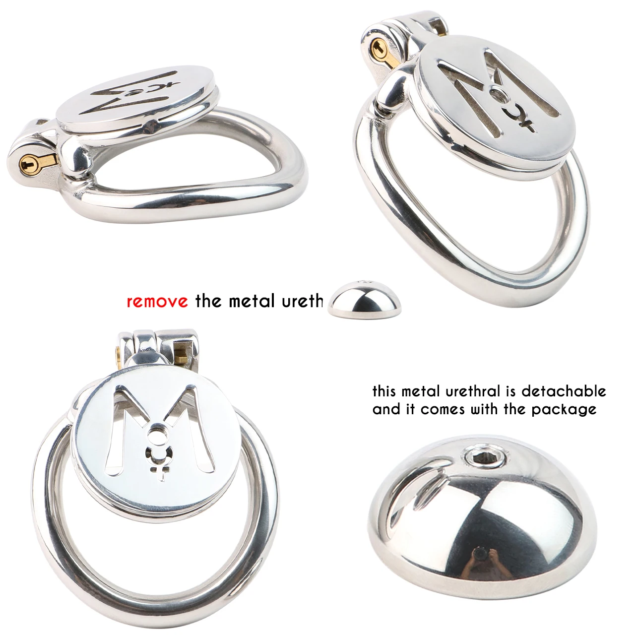 FRRK Flat M Male Chastity  Cage with Detachable Metal Urethral Sextoys for Man Stainless Steel Penis Lock BDSM Cock Rings Adults