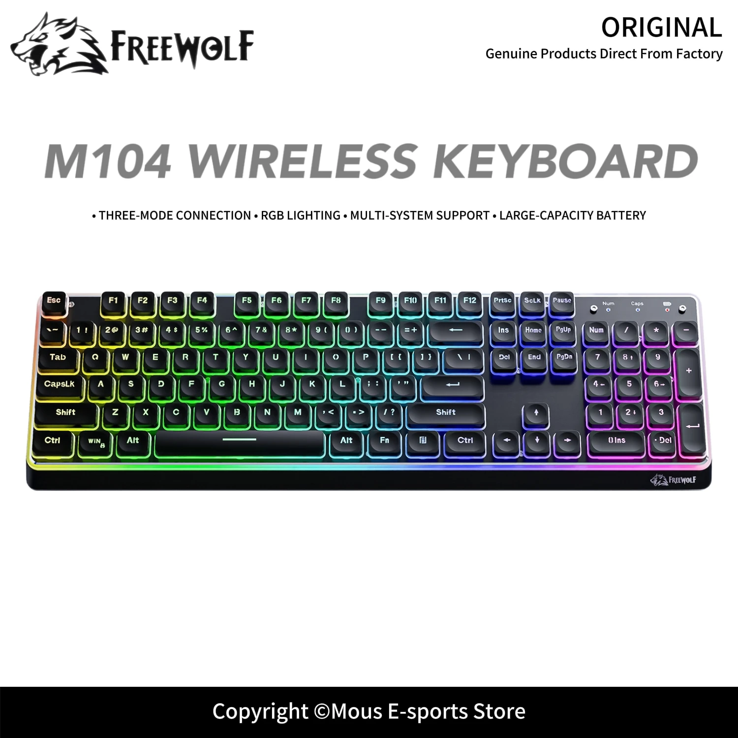 Gaming Office Keyboard Aluminum Alloy Panel Chocolate Keycaps FREEWOLF M104 RGB Lighting Silent Quiet Typing for PC Laptop Mac