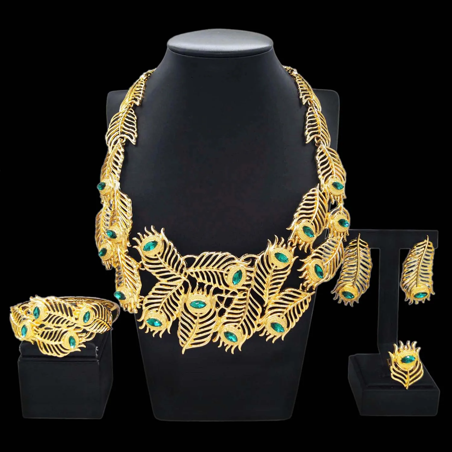 Women Jewelry Sets Feather Green Necklace Earrings Bangle Bracelets Ring Christmas Lovely Gift