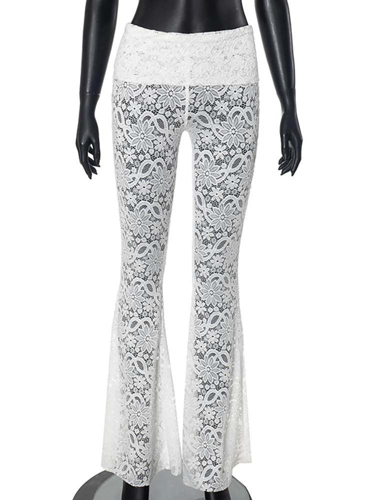 Fantoye Sexy See Through Lace Women Pant White High Waist Print Floral Flare Pant Female Summer Skinny Elegant Streetwear 2024