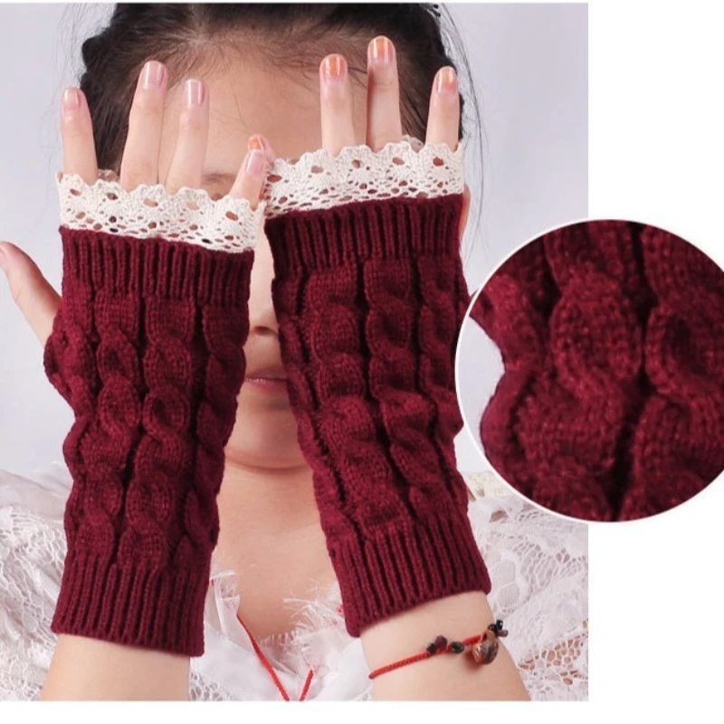 

Knitted Gloves with Beautiful Lace and Lace Sleeves Wrist Protection for Winter Women Warm Knit Half Finger Gloves