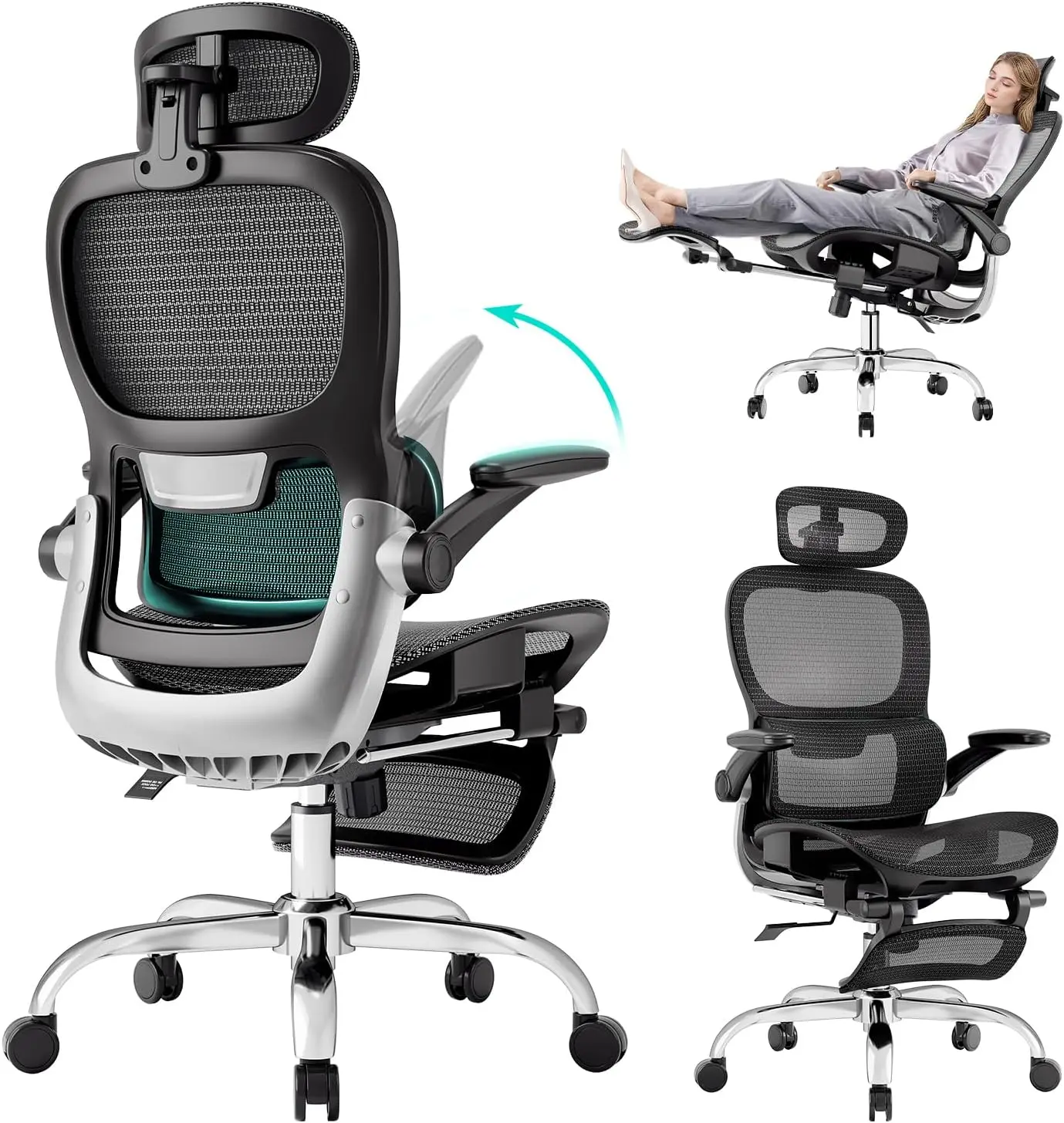 

Ergonomic Office Chair with Adaptive Backrest, SGS Class 4 Gas Clylinder and Flip-Up Armrests, Breathable Mesh, Adjustable Head