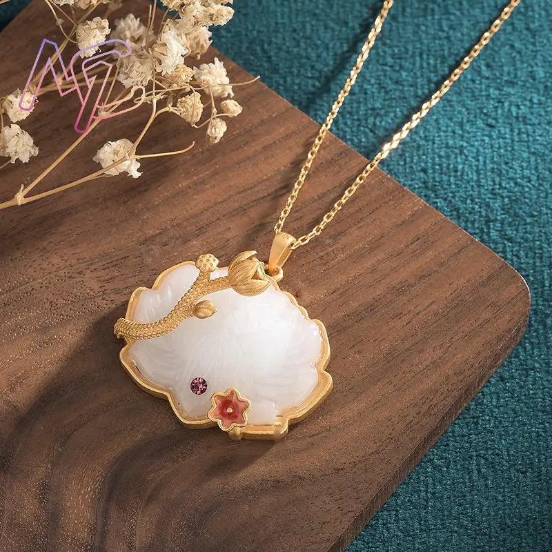 White Natural Jade Lotus Pendant Necklace Designer Carved Gemstone 18K Gold Plated Real Jewelry Gifts for Women Stone Talismans - Image 3