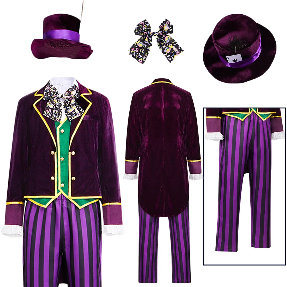 Johnny Depp Mad Cosplay Hatter Costume Hat Movie Alice Purple Suit Uniform Clothes Outfits Adult Male Halloween Carnival Party